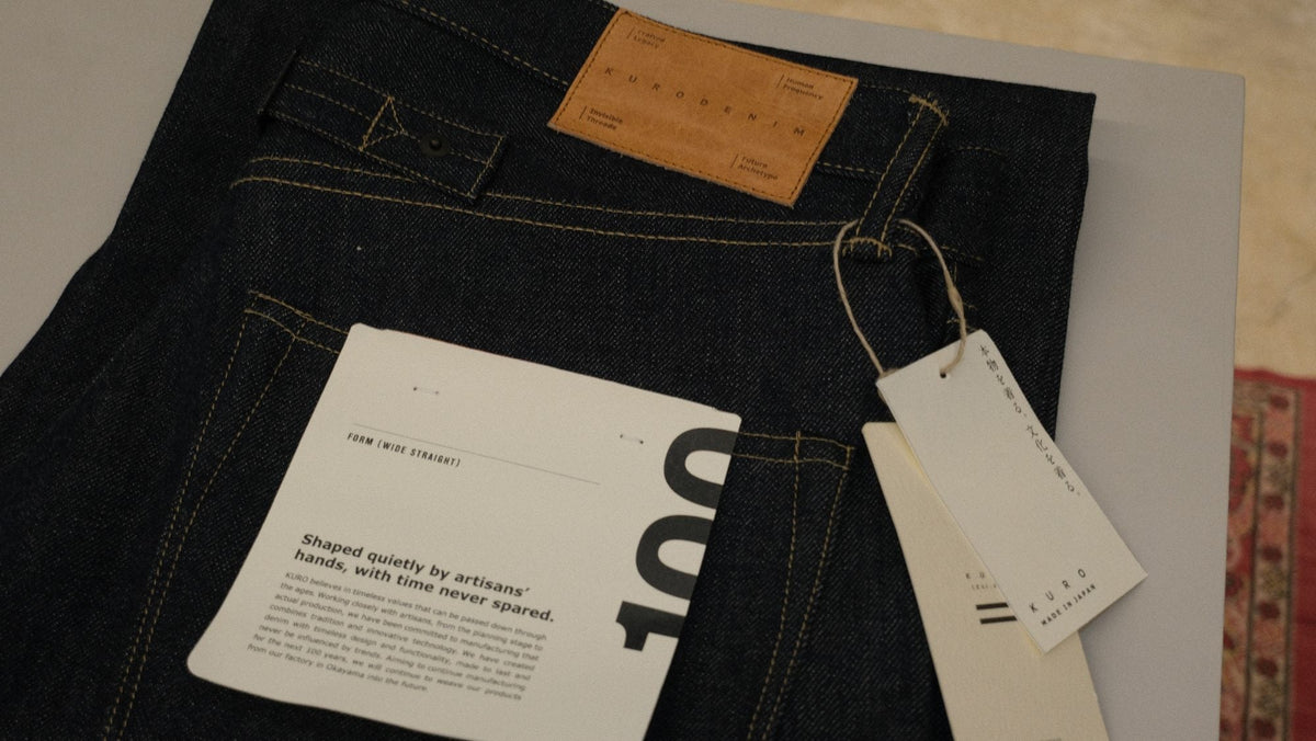 Rigid raw denim with hang tags