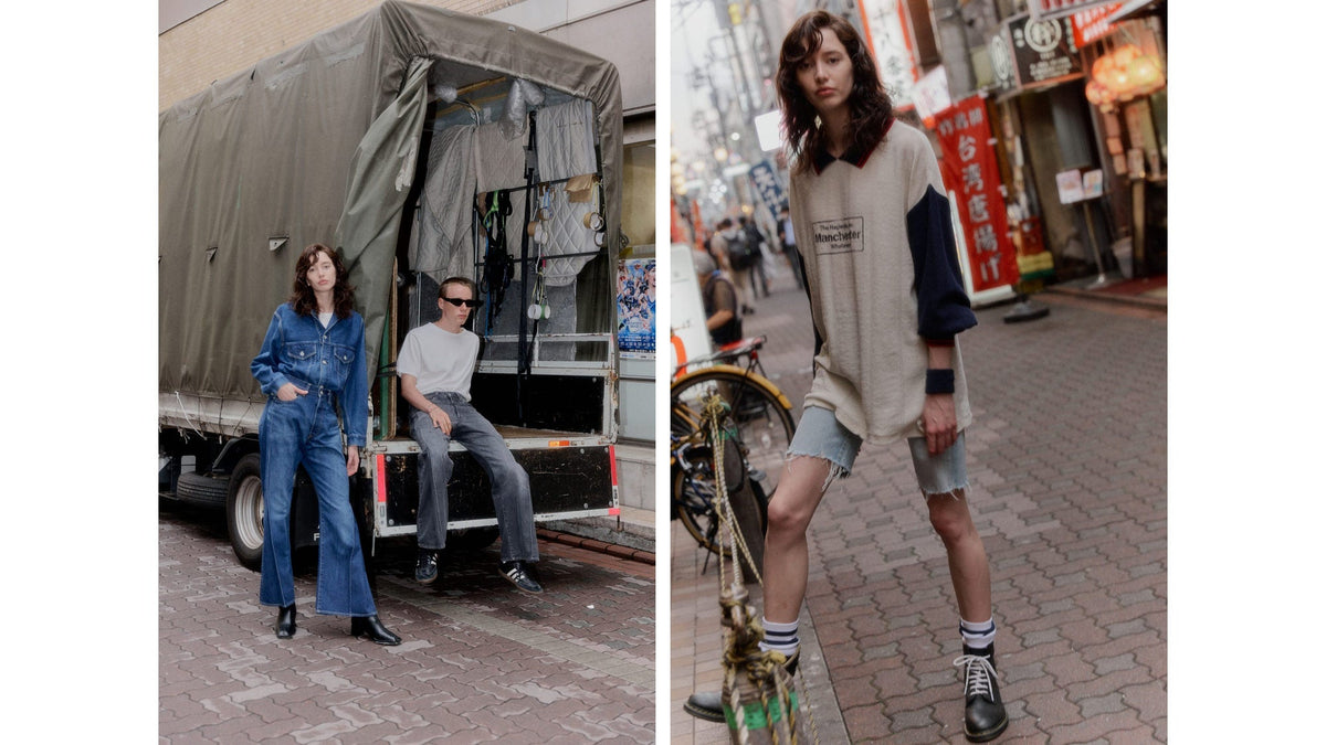 Two models in denim and a white tee by a canopied truck, and an oversized polo with cut-off denim on a shopping street.