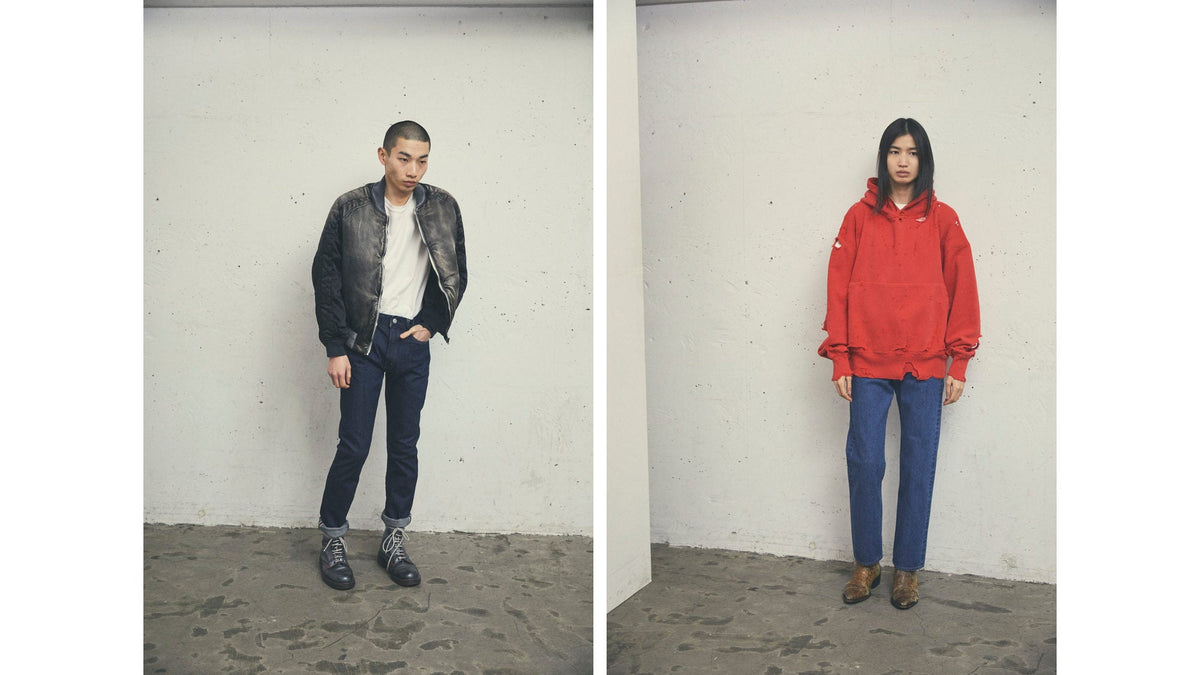 Two full-length looks in a white studio: a faded MA-1 with rigid denim, and a red damaged hoodie with blue denim.
